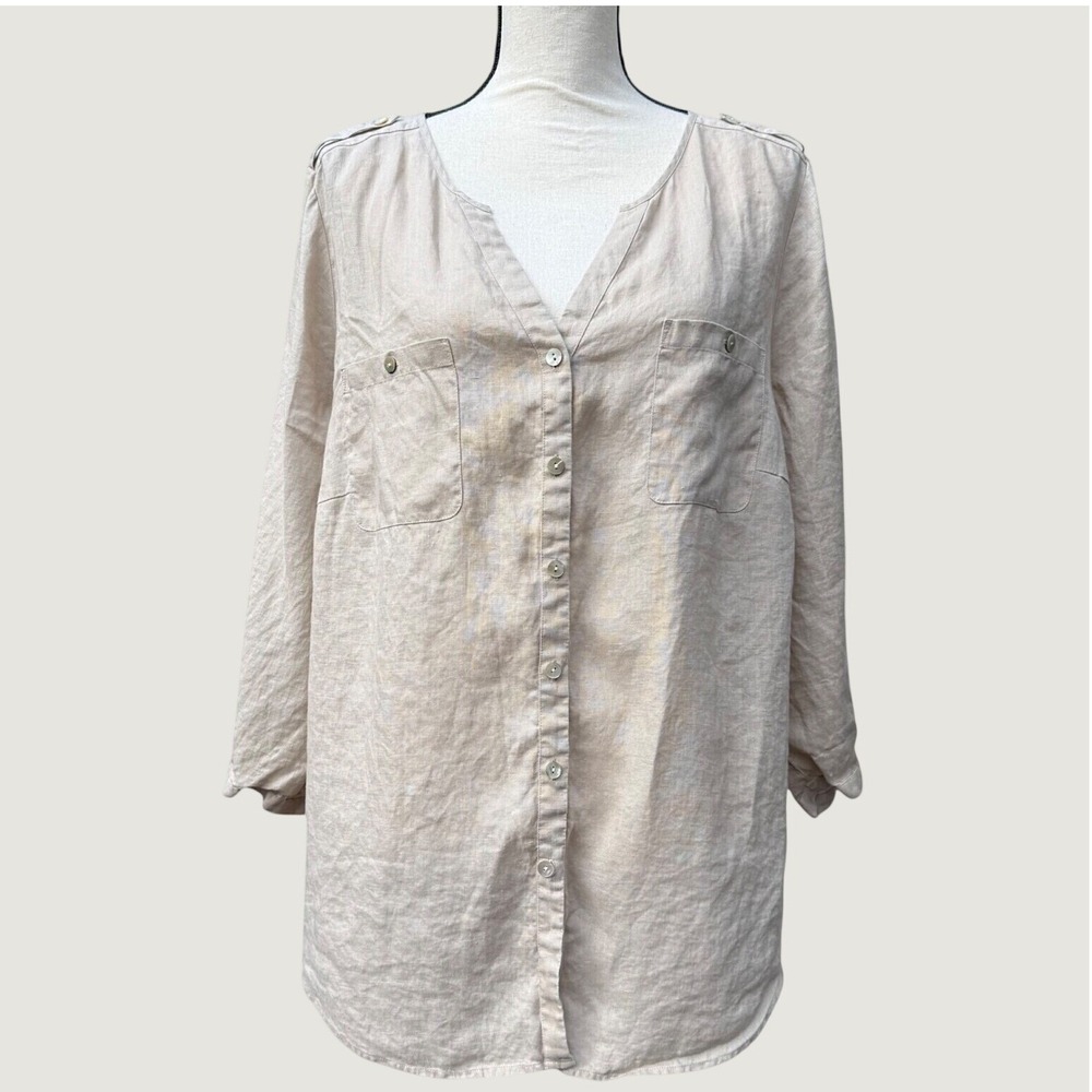 Go Silk Woman 100% Linen Button Down Tunic Shirt Beige 1X Epaulettes Pocket